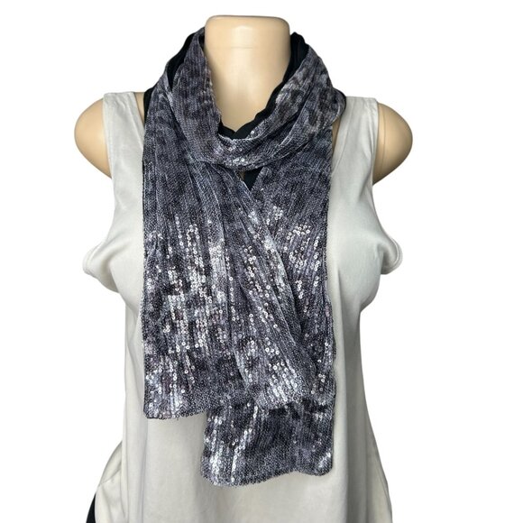 #791 APT.9 Leopard Print Black and Silver Sequin Scarf - Picture 1 of 3